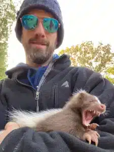 Man holding a baby skunk