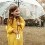 Girl with raincoat in umbrella in rain