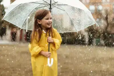 Girl with raincoat in umbrella in rain