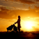 Silhouette of mother pushing baby carriage during sunset