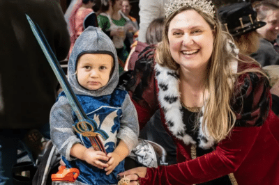 Mom and toddler dressed in medieval clothing
