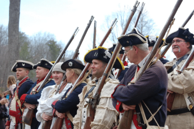 Historic reenactor soldiers ready to march