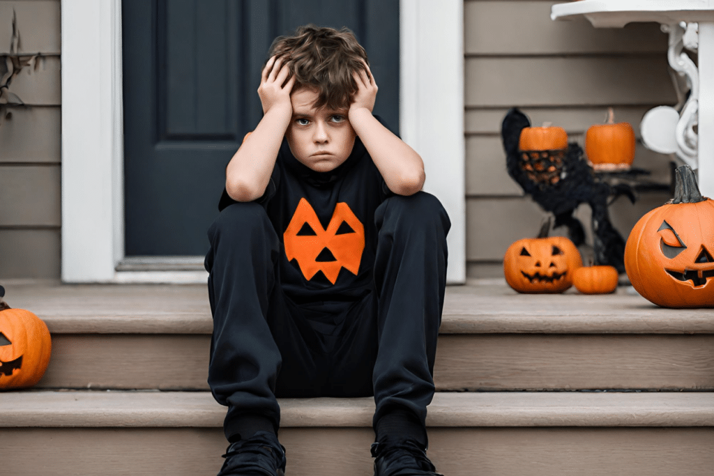 Young boy sad on steps halloween
