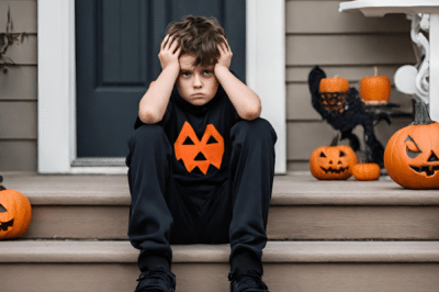 Young boy sad on steps halloween