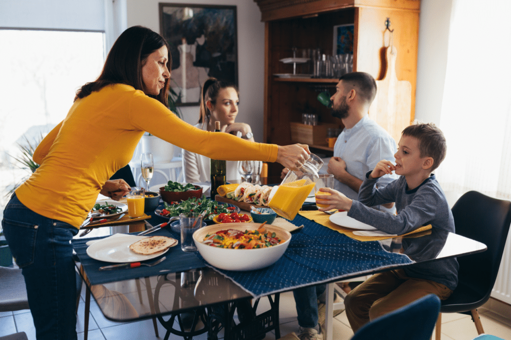 Small family at an informal Thanksgiving meal