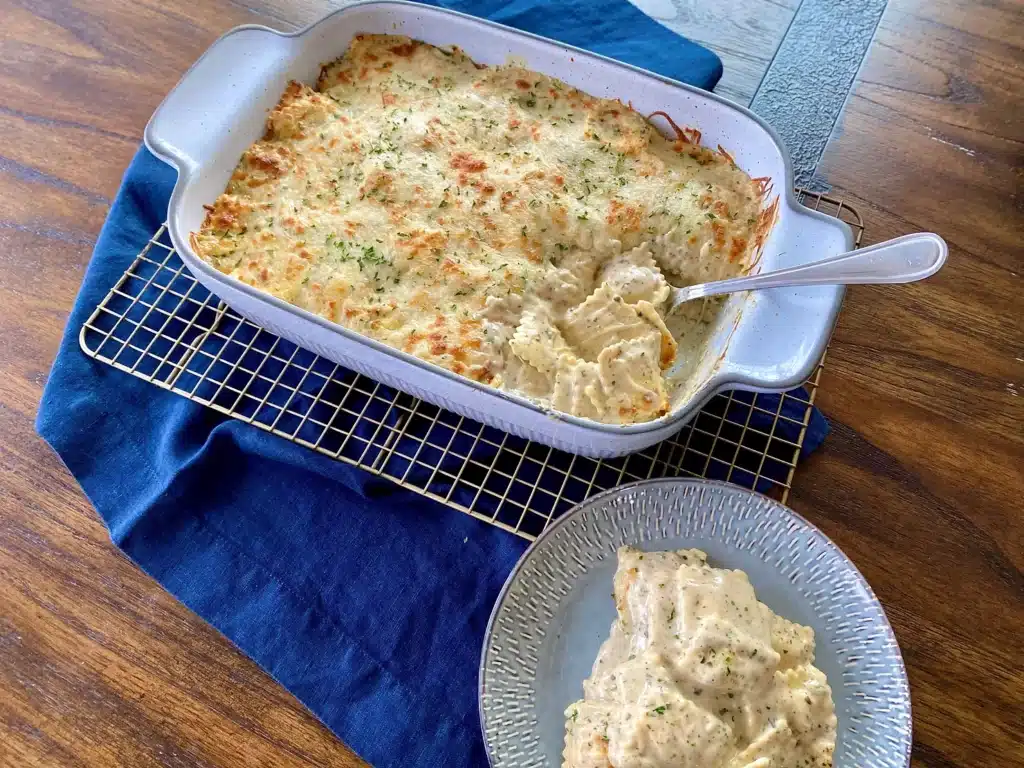 5-Ingredient Pesto Alfredo Ravioli Bake