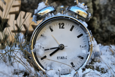 Analog clock in snow