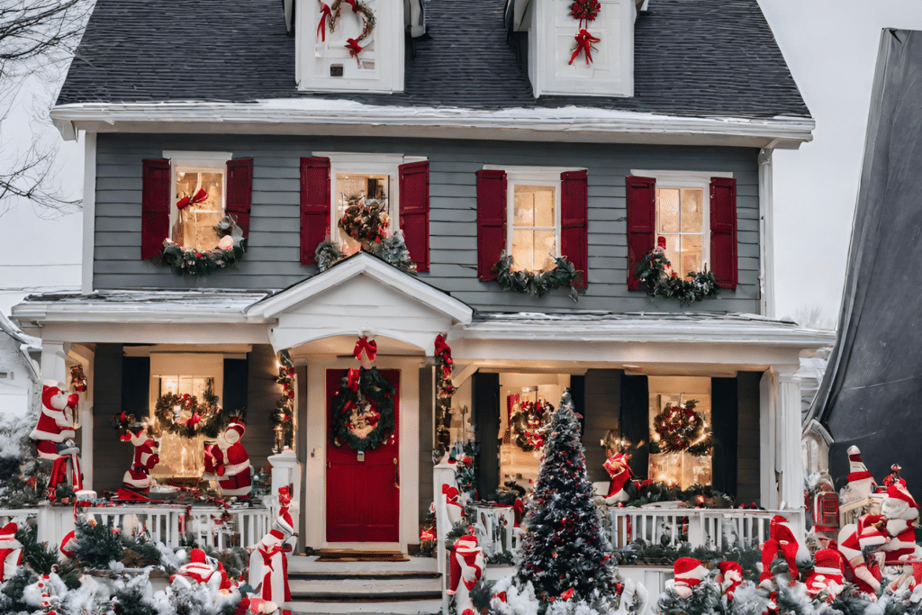 Traditional home Beautifully decorated for Christmas with snowfall