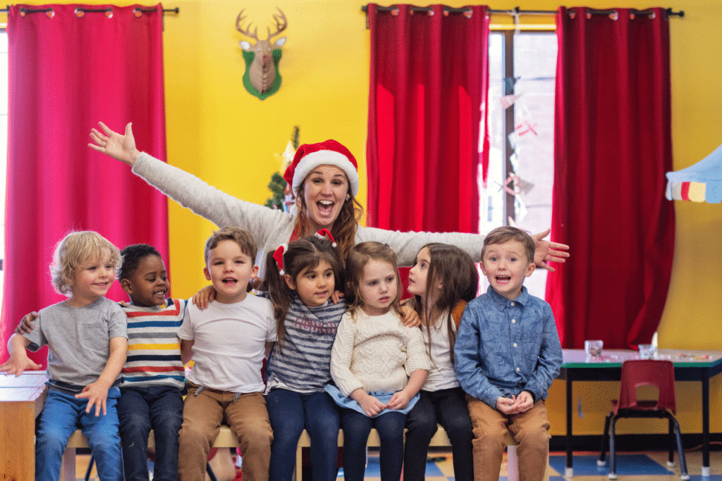 happy teacher with students