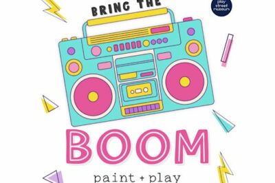 Neon cartoon boombox, children painting, flyer