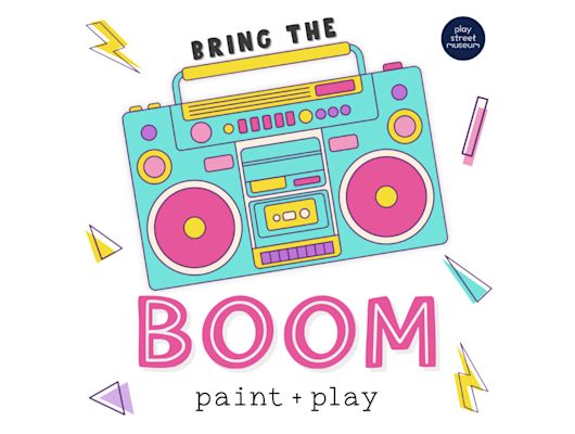 Neon cartoon boombox, children painting, flyer