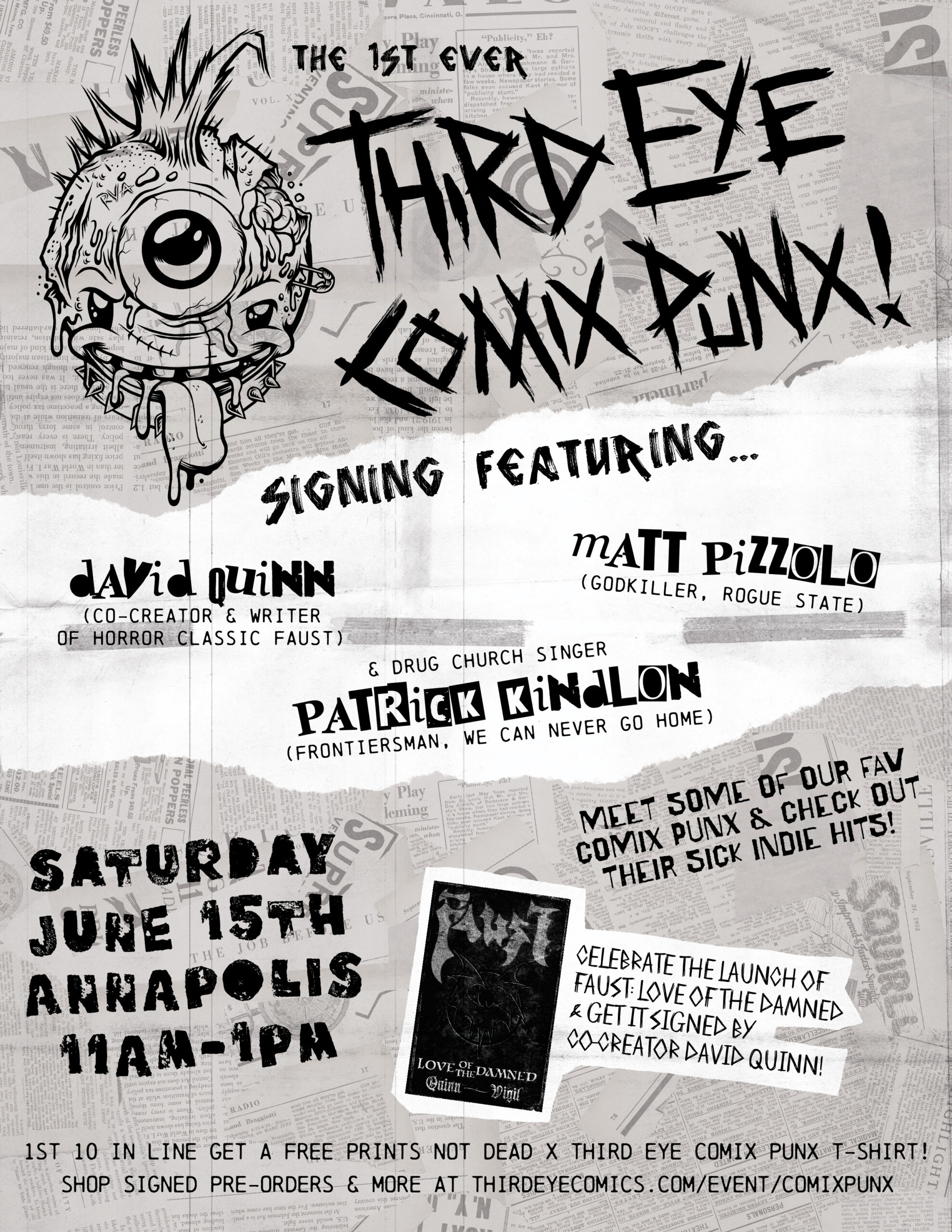 Flyer for Third Eye Comix advertising different artists coming to present their work