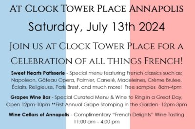 A flyer for Bastille Day at Clock Tower Place