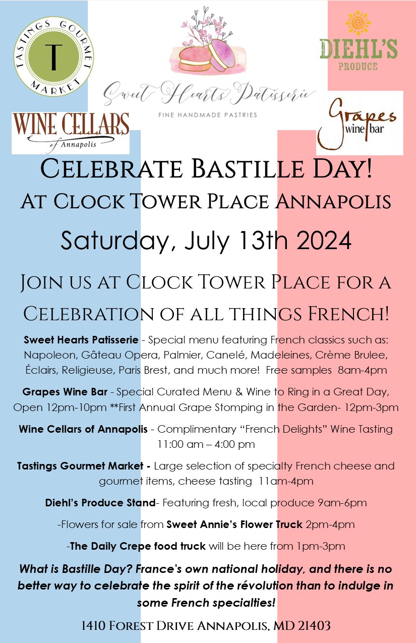 A flyer for Bastille Day at Clock Tower Place