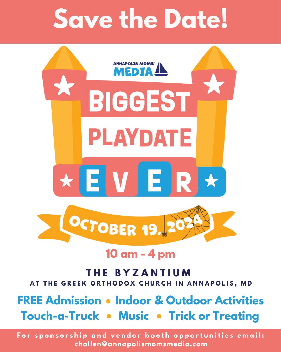 Save the Date for Annapolis Mom Media's The Biggest Playdate Ever 10/19/24!