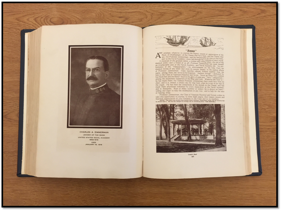 A photo of a book open to a soldier with a description on one side, and a photo of a gazebo with another description on the other side, associated with the Anchors Aweigh Music Tour.