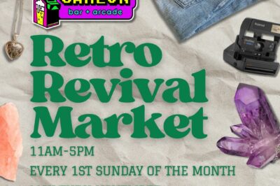 A flyer for the Retro Revival Market hosted by GameOn Bar + Arcade. Event goes from 11:00 am to 5:00 pm, and happens every 1st Sunday of the month, May thru November