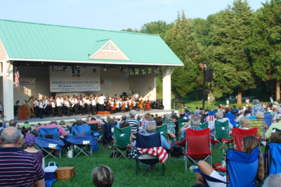 People sitting on the lawn watching a concert