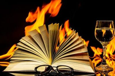 book burning with a glass of wine