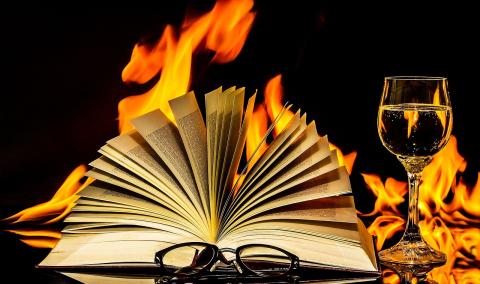 book burning with a glass of wine