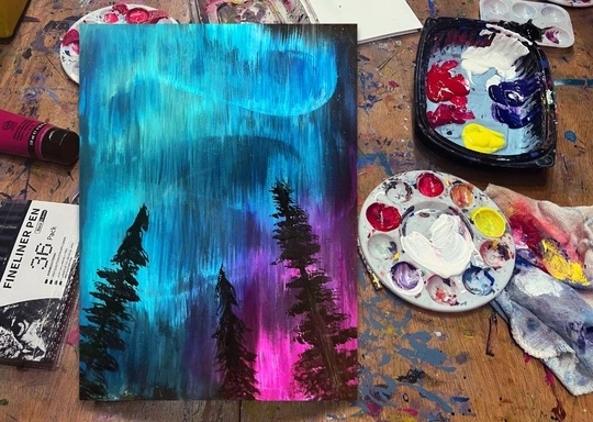 Acrylic Painting: Northern Lights & Evergreens