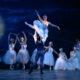 Ballet Theatre of Maryland dancer Lindsey Bell and guest artist Jackson Kettell pose in front of the Swan Corps de Ballet in Swan Lake.