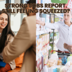 A woman shaking hands and two women grocery shopping