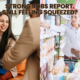 A woman shaking hands and two women grocery shopping