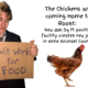 Guy holding sign looking at chicken